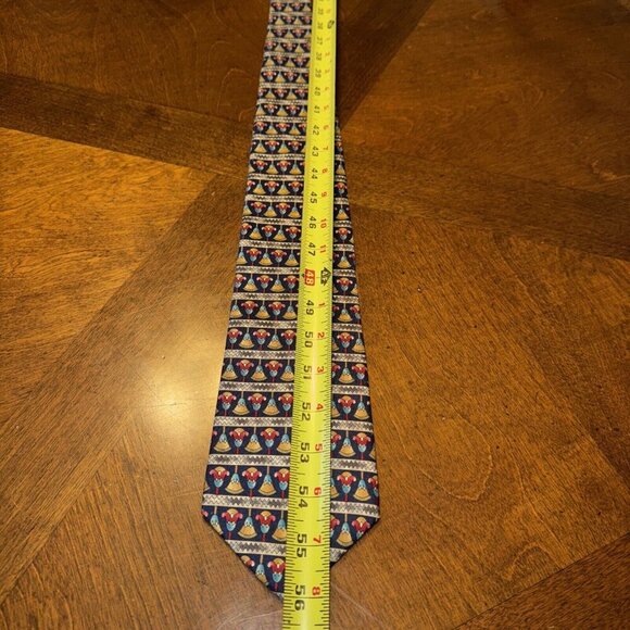 METROPOLITAN MUSEUM of ART 100% Silk Tie Navy with Yellow Red Patterned Tassels - Picture 6 of 6